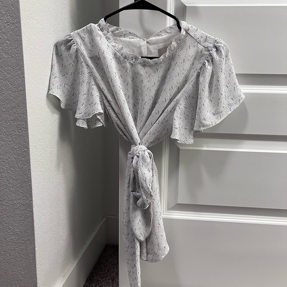 Loft white and dark blue design shell with flutter sleeve and waist tie - Picture 1 of 5